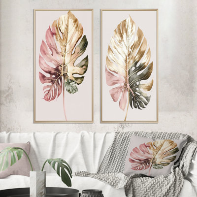 Feuille de philodendron doré et blanc - ensemble de 2 décorations murales - art floral imprimé pour la décoration intérieure