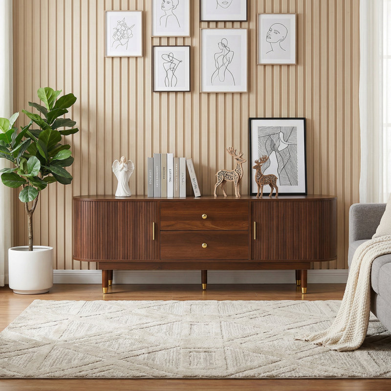 Meuble télé en noyer pour téléviseur de 75 po, console de télévision moderne 66,9 po avec tiroirs et armoires de rangement