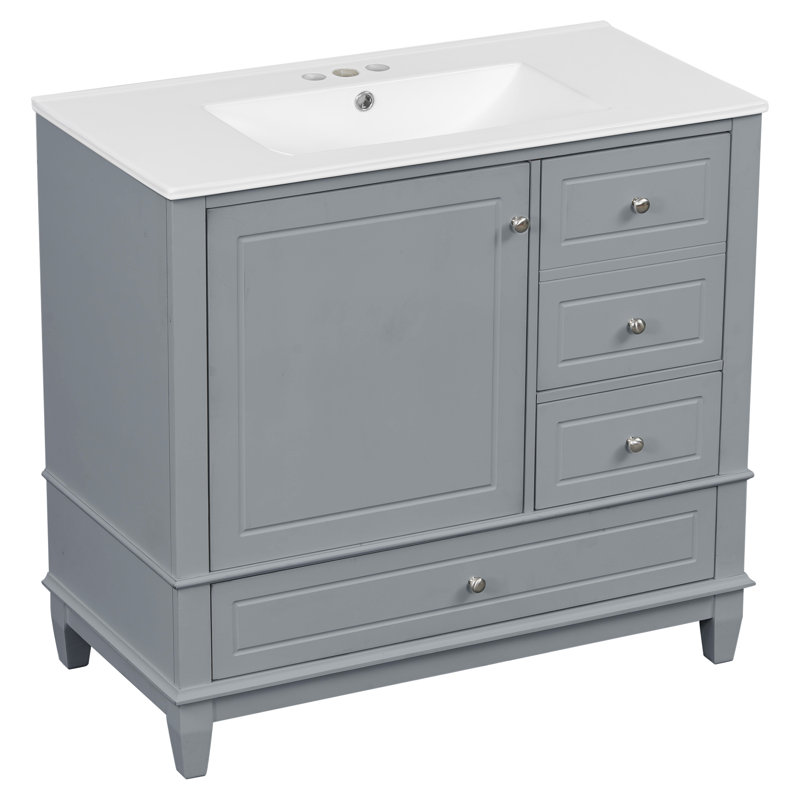Meuble-lavabo 36 po avec lavabo en céramique, Gris, Argent argent