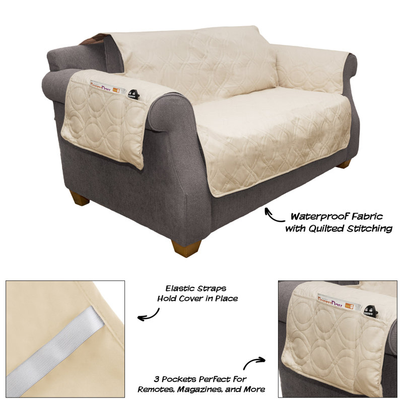 Tan Waterproof Polyester Loveseat Slipcover with Pockets