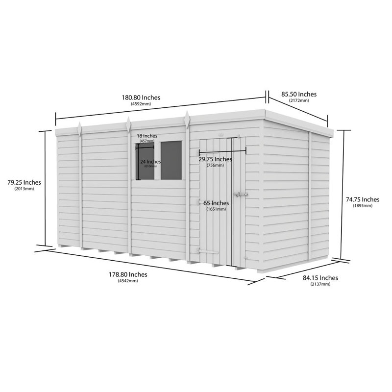 15ft x 7ft Pent Shed - Single Door with Windows