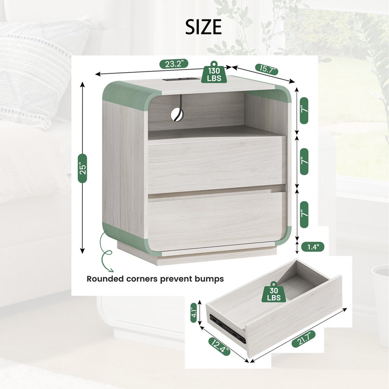 25" Nightstand, Charging Station, 2 Drawers, Curved, White