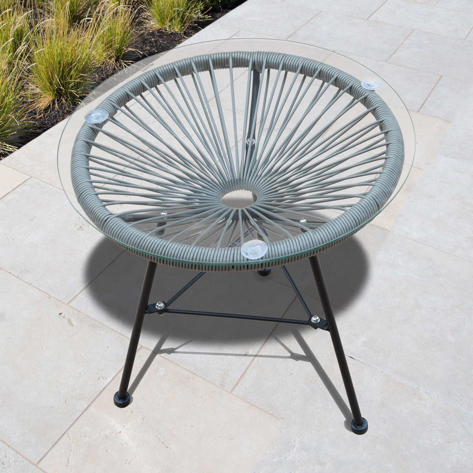 Alamo Wicker Round Side Table with Glass Top & Metal Legs, Gray