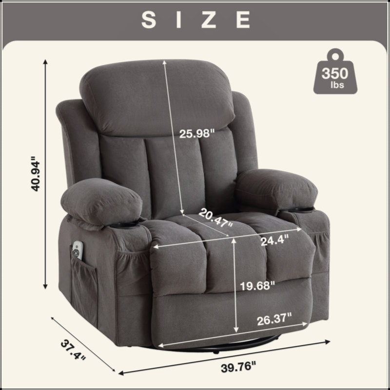 Canapé inclinable et chauffant, avec port USB et 2 porte-gobelets dans les poches latérales, Gris