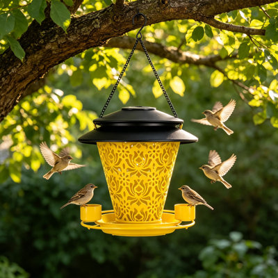 Mangeoire solaire pour oiseaux à suspendre à l'extérieur, mangeoire d'oiseaux sauvages en métal avec lanterne solaire, décoration de jardin résistante aux intempéries pour la cour arrière