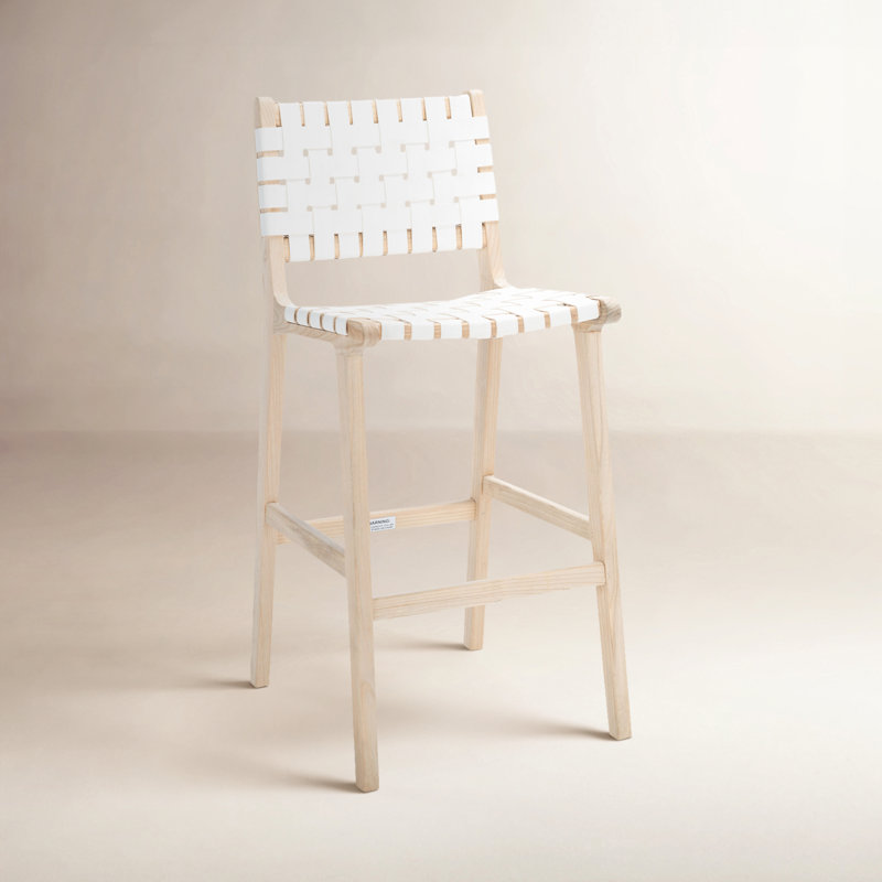 Alston Upholstered Counter Stool with Solid Wood Frame, White Leather/Natural Unfinished Frame