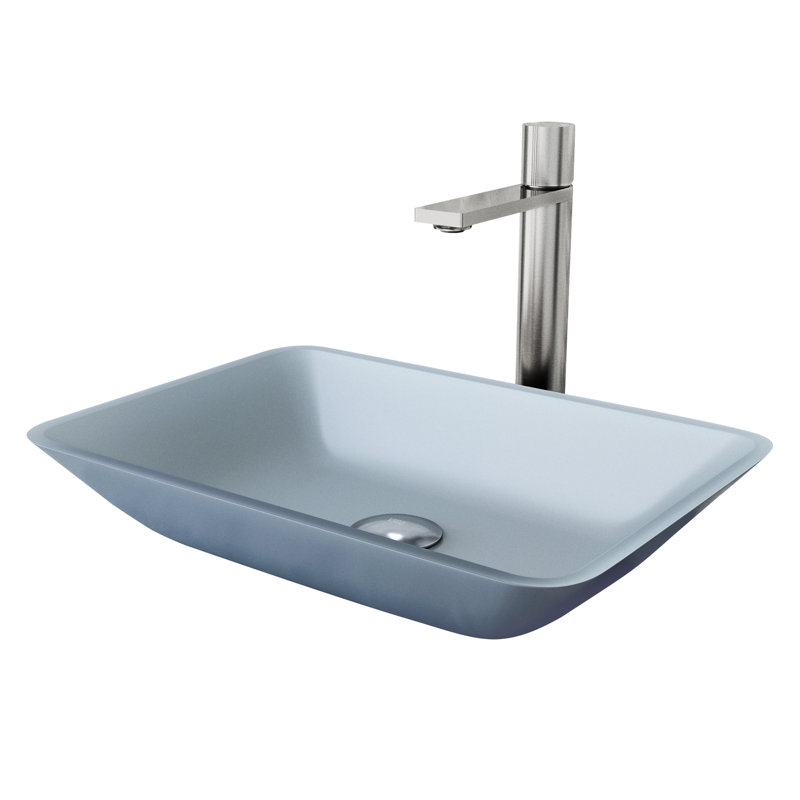 Sottile 18" L x 13" W x 4" H Rectangular Glass Vessel Bathroom Sink with 12" H Faucet, Brushed Nickel, Blue