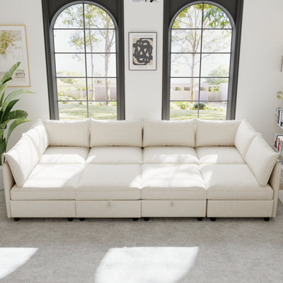 Spacious Beige Sectionals, Chenille Modern Design, Multi-function For Family Use