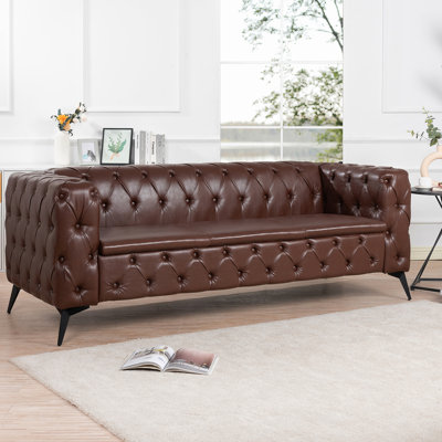 84.08Inch Wide 3 Seater Couch, Square Arm, Removable Cushion, Dark Brown Pu Cover, Iron Leg, Chic Design , Width, Cushions, Pu, Stunning Person