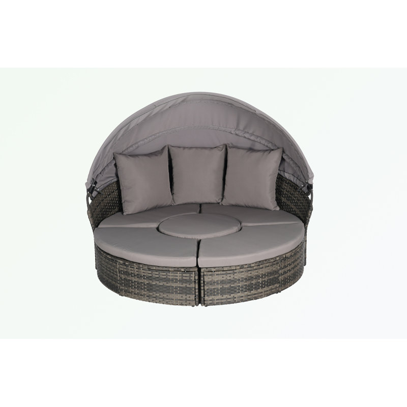 Lit de jour rond d'extérieur pour patio avec auvent rétractable et table de rangement, Gris foncé