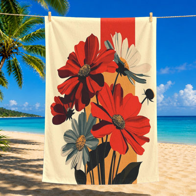 1 pièce Serviette de plage à motif floral, rouge vif et gris avec fond rayé, grande microfibre pour la natation, voyage, unisexe