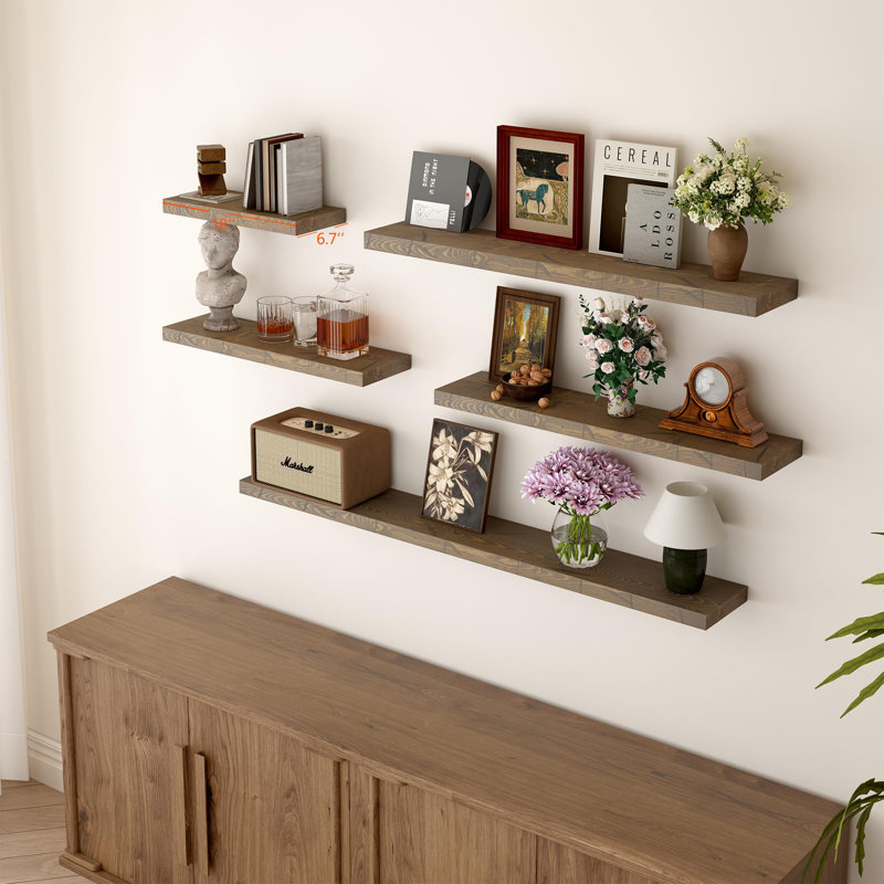 Solid Wood Floating Shelves，Rustic Wooden Wall Shelves, Distressed Walnut, 1.25" H x 18" W x 6.7" D
