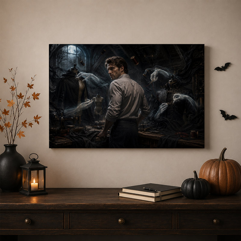 Homme dans une boutique de tailleur au clair de lune, cousant fantomatique, toile murale d'Halloween, H 16 po x l 24 po