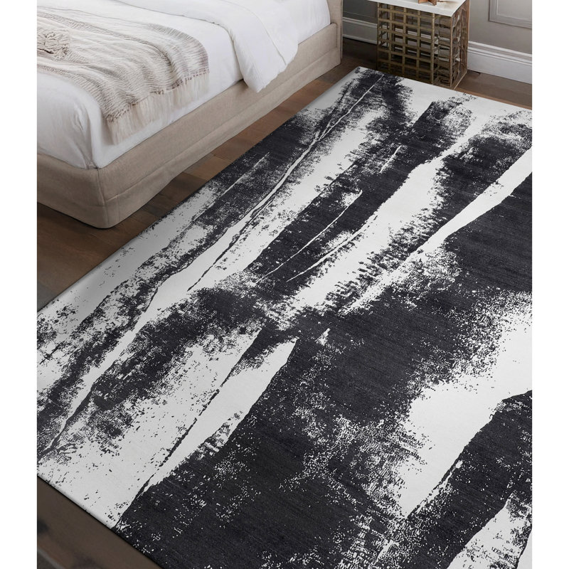 Tapis rectangulaire blanc / noir en laine / viscose noué à la main, Rectangle 9 pi x 12 pi