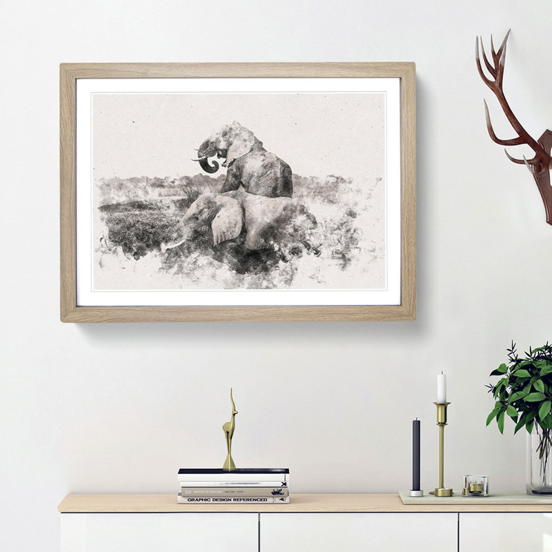 Two Elephants - Single Picture Frame Print on MDF, Oak, 35cm H x 50cm W x 2cm D
