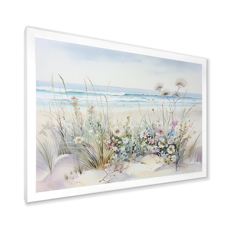 Fleurs sauvages sur la plage - Art mural fleurs sauvages, Cadre photo unique, H 16 po x l 32 po, Blanc