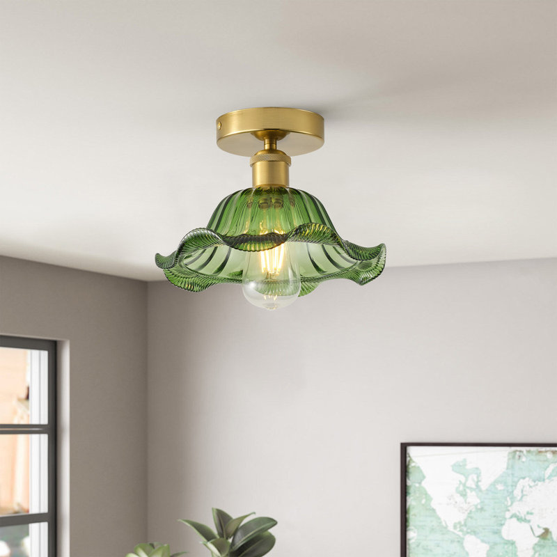 1-Light Brass Flush Mount Ceiling Light, Dimmable, E26 Base, Glass Shade, ETL Certified, Green