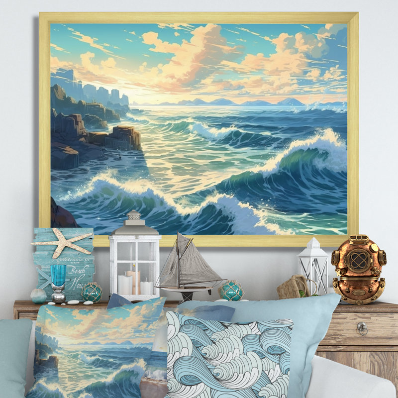 Milieu de l'océan II, milieu de l'océan II, reproduction sur toile, H 30 po x l 40 po x P 1,5 po, Encadrement doré