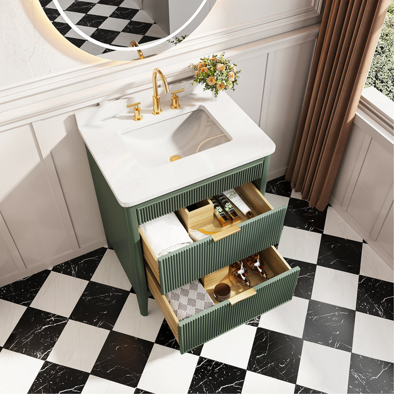 Ensemble de meuble-lavabo autoportant vert 30 po entièrement assemblé avec structure en bois massif et plateau en marbre d'ingénierie