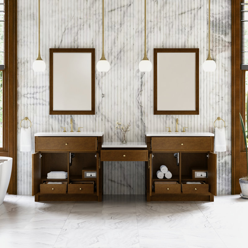 Bellshire 96" W Dual Vanity Set with 24" Make-Up Counter, Honey Oak, White Zeus, 8" Widespread