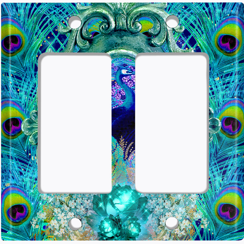 Plaque murale élégante avec interrupteur à bascule à 2 bandes avec plumes de paon bleu Elegant Peacock, Bleu