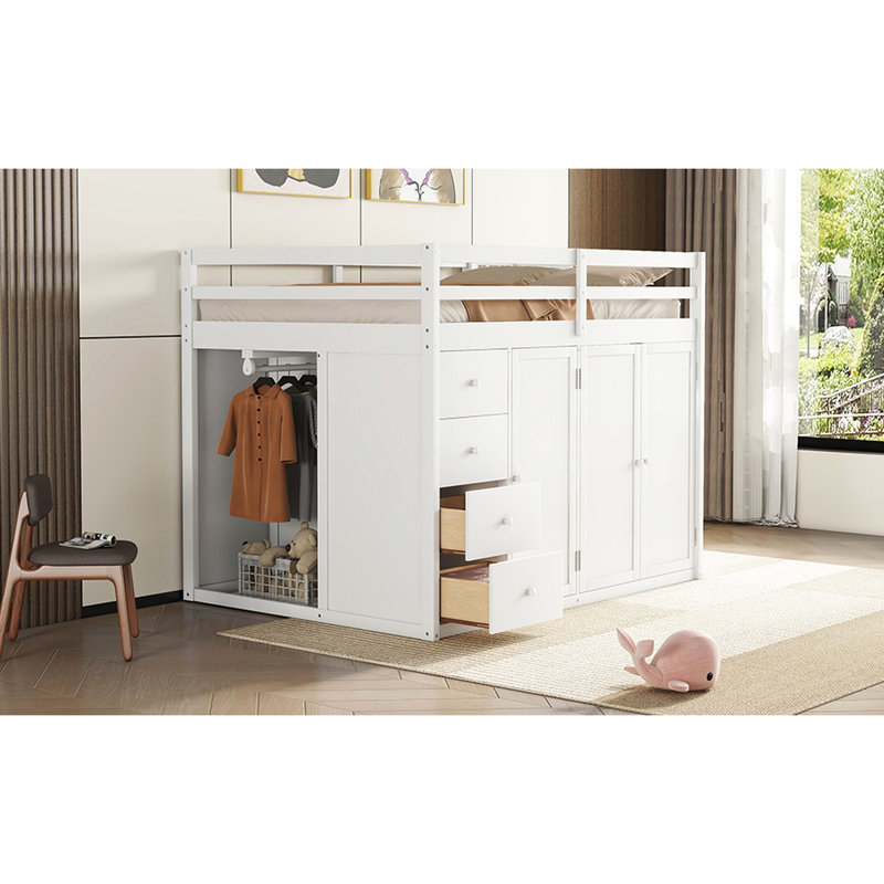 Lit mezzanine blanc avec options de rangement pratiques - garde-robes, tiroirs, compartiments pour une taille plus efficace dans une chambre à coucher moderne