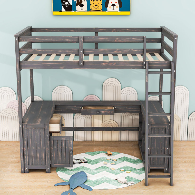 Karthika Wood Loft Bed With U-Shaped Desk, Drawers,Ladder And Storage Shelves, Antique Brown, Full