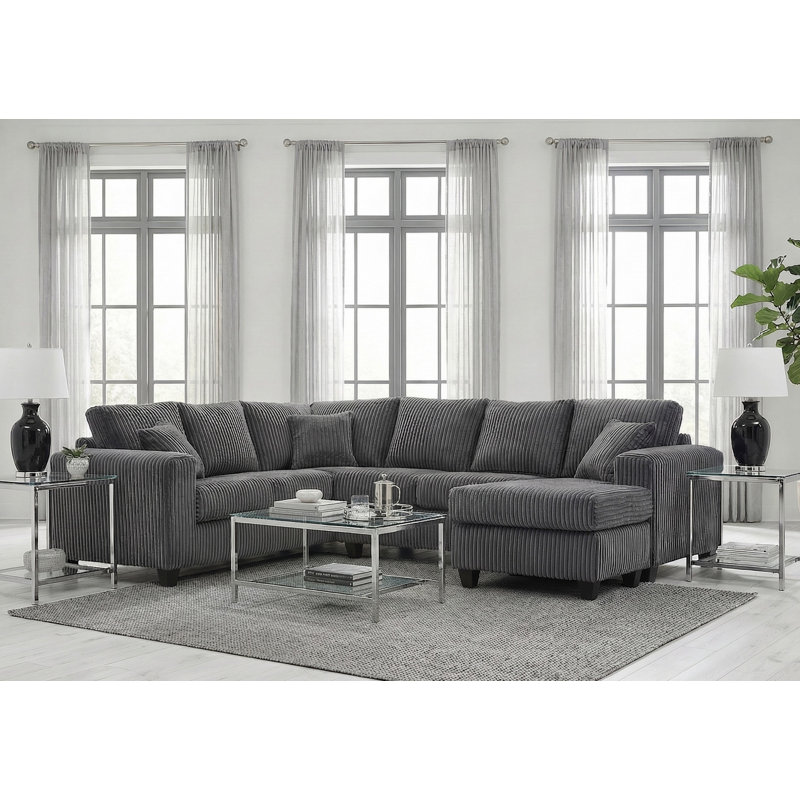 Canapé modulaire en velours côtelé 3 pièces avec méridienne et repose-pieds - Bronze industriel