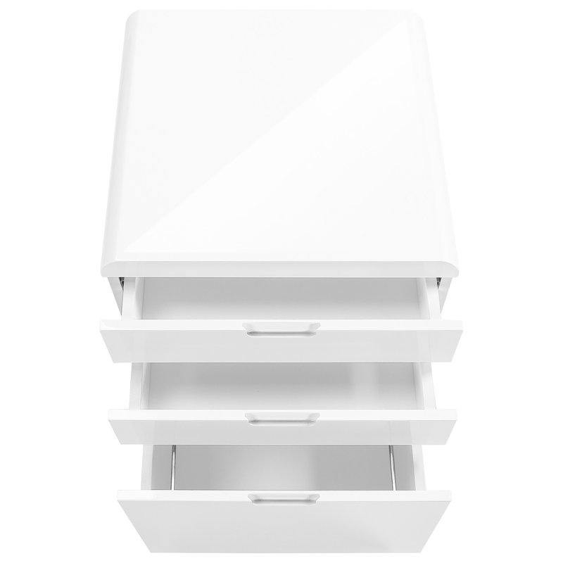 Classeur à 3 tiroirs sur plateforme roulante, blanc brillant pour bureau, support d'imprimante moderne avec roulettes fonctionnelles et espace de travail efficace en stratifié