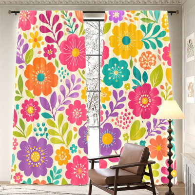 2 pièces de rideaux floraux éclatants, tissu filtrant la lumière, motif rétro et gai, protection de la vie privée pare-soleil, conception à passe-tringle, convient au salon, à la chambre à coucher, au balcon et à la cuisine