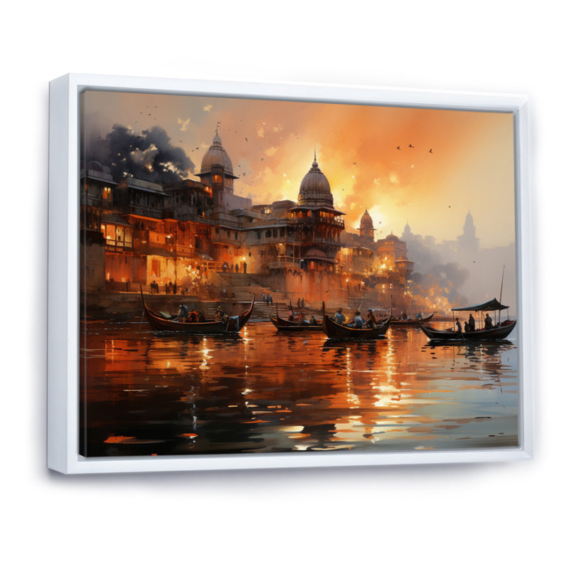 Indian Art Sunset At - Art mural indien, H 34 po x l 44 po x P 1,5 po, Cadre flottant blanc