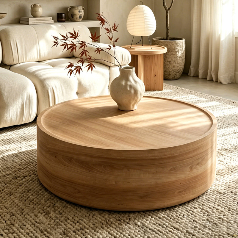 Table basse ronde de 39,37 po avec grain de bois naturel pour le salon, table basse cylindrique moderne pour le salon, sans assemblage