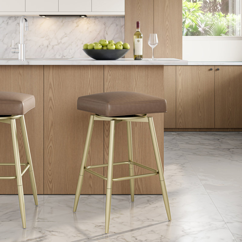 Wyndham Metal And Upholstered Square Backless Adjustable Height Swivel Stool, Champagne, Saddle