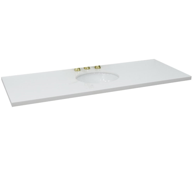 61 po. Comptoir en quartz blanc avec lavabo ovale en céramique blanche