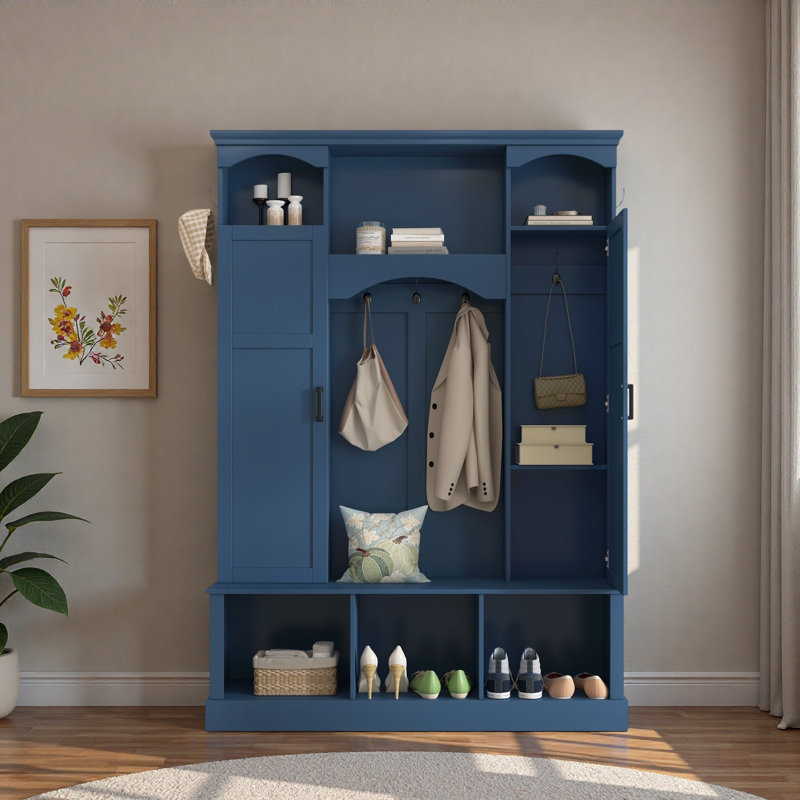 Modern Hall Tree With Adjustable Shelves, Side Cabinets, Top Compartments And Hooks, Blue