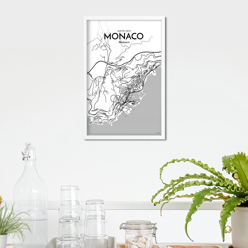 Monaco City Map, impression, H 17 po x l 11 po, Gris / blanc