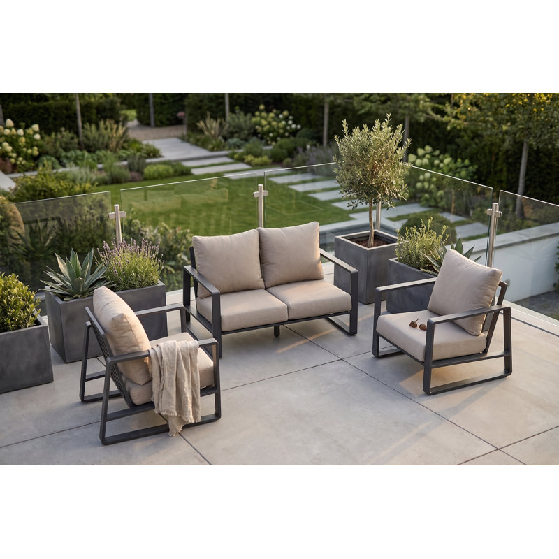 Ensemble de meubles de patio 3 pièces en aluminium gris foncé avec coussins beiges, canapé et fauteuil club