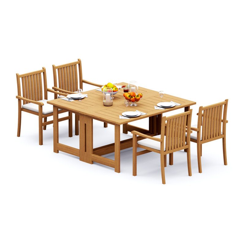 6 Seats 7 Pcs Grade-A Teak Wood Dining Set: 60" Square Rectangle Butterfly Table And 6 Cahyo Stacking Arm Chairs #11CH1406, 4
