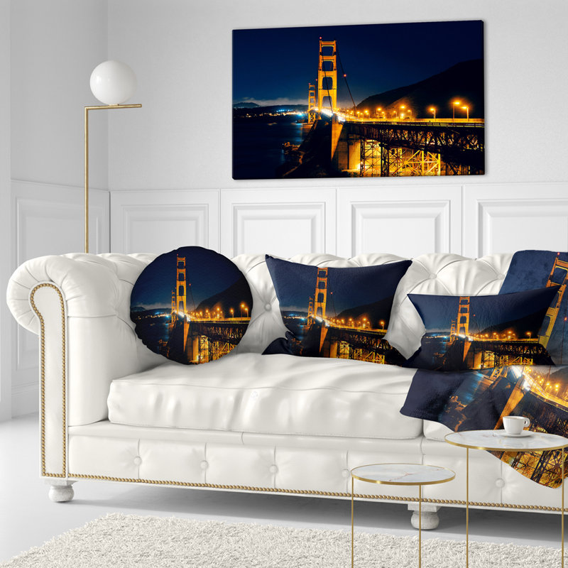 Coussin Golden Gate at Night - Pier & Bridge, 18 po x 18 po, Coussin décoratif