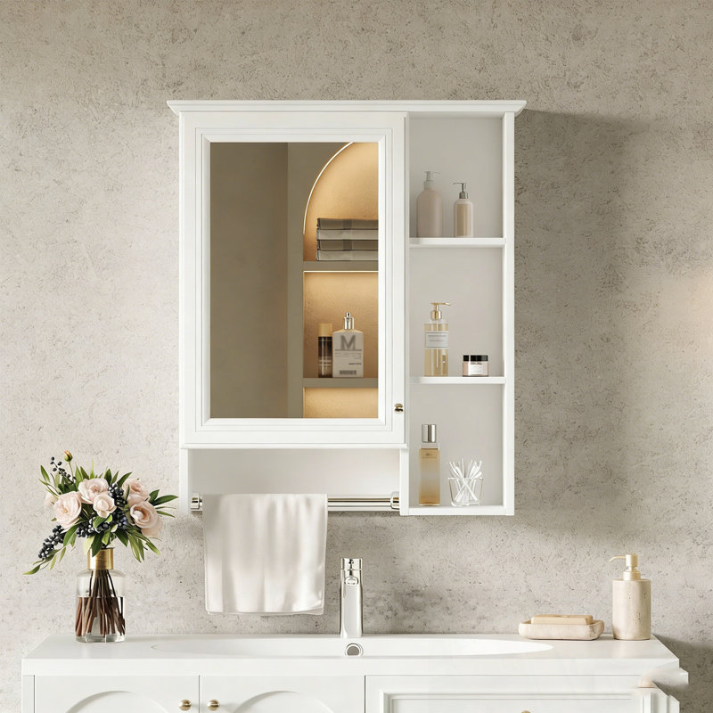 Armoire à miroir avec tablettes réglables et barre de tour, White