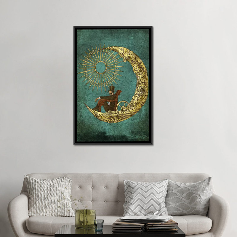 « moon travel », impression sur toile, H 26 po x l 18 po x P 1,5 po, Toile avec cadre noir, Pas de tapis