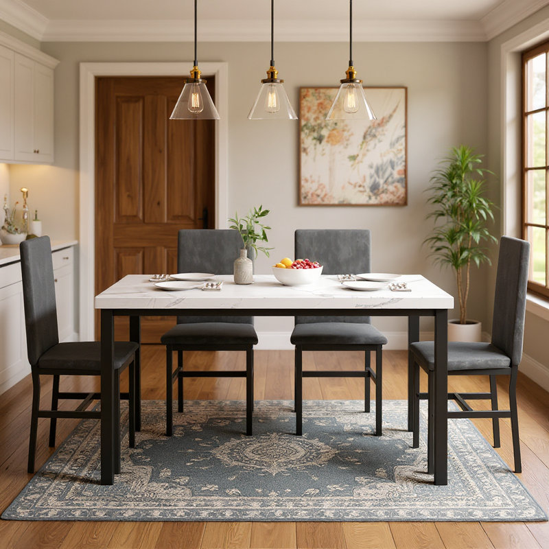 Janece 5 - Piece Dining Set with Velvet Upholstered Dining Chairs, Gray, Marble White/Blue Velvet