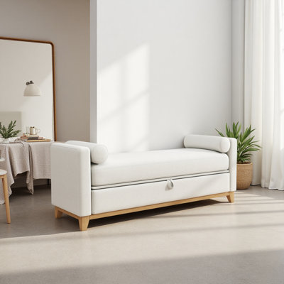 66 Inch Sherpa Storage Bench With Solid Wood Legs & Bolster Pillows, Multifunctional End Of Bed Bench For Bedroom