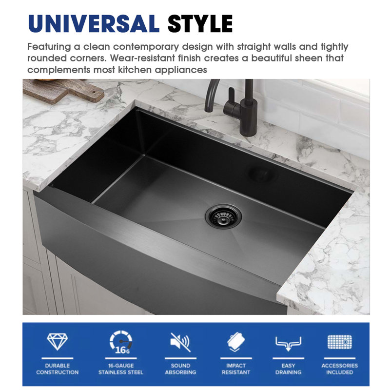 33'' L Farmhouse / Apron Single Bowl Stainless Steel Kitchen Sink With Sink Grid, Cutting Board And Dish-drying Rack