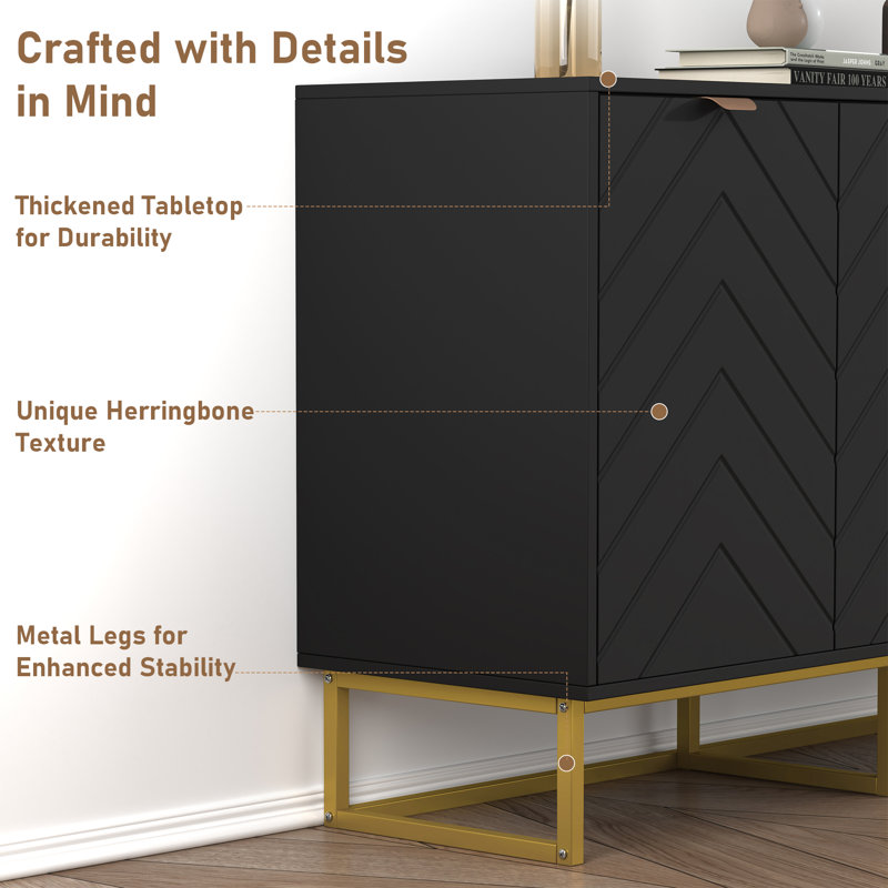 Modern Buffet Sideboard with Herringbone Doors and Shelf Wood Credenza Console Cabinet, Black