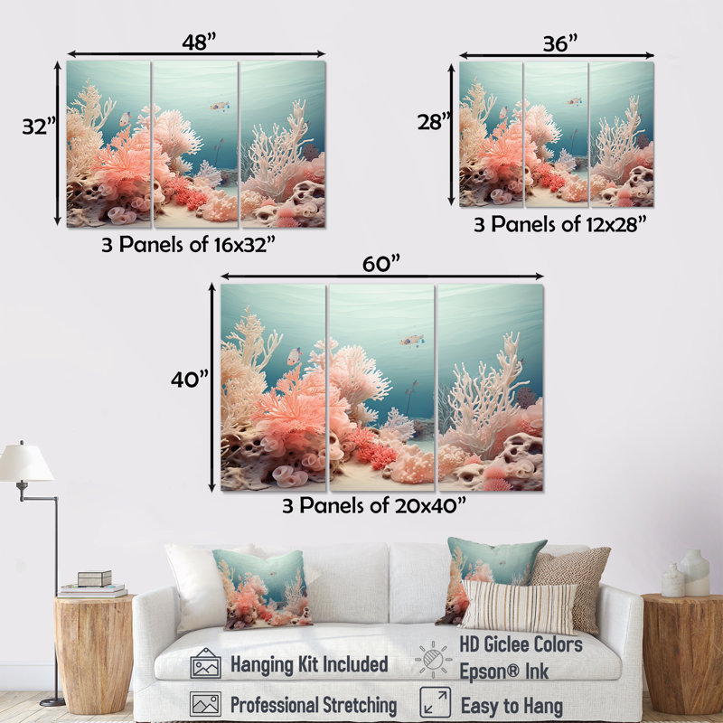 Ensemble de salon mural corail sous l'eau, Toile tendue, H 40 po x l 60 po x P 1 po