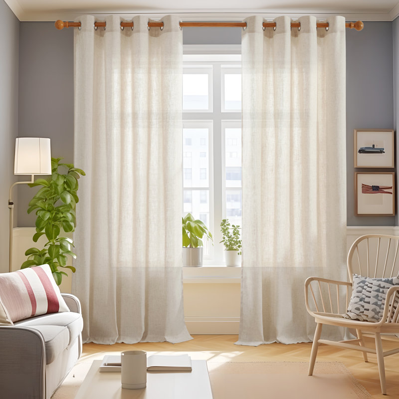Farmhouse Boho Faux Linen Semi Sheer Textured Curtains (Set of 2), Flaxen, 52" W x 108" L