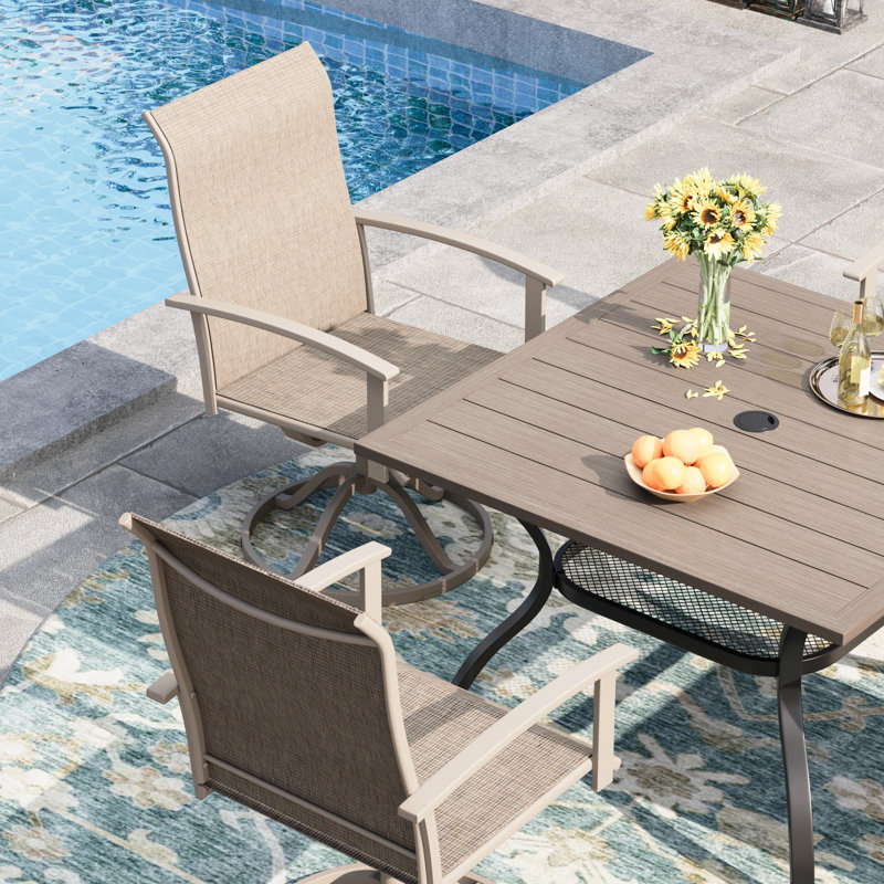 4-Person Square Patio Dining Set With Swivel PVC-coated polyester Chairs, Brush Wood Gray/Sandshell