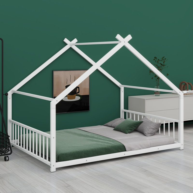 Metal House Bed Frame with Classic Roof Design, White