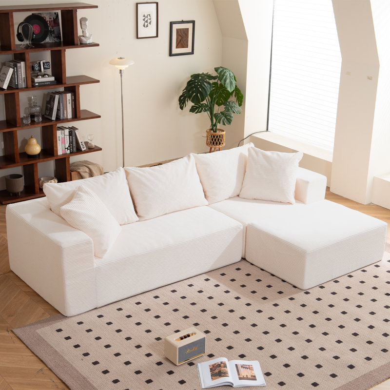 Canapé modulaire Boneless de 108 po avec méridienne en forme de L et sans assemblage requis, Velours côtelé beige